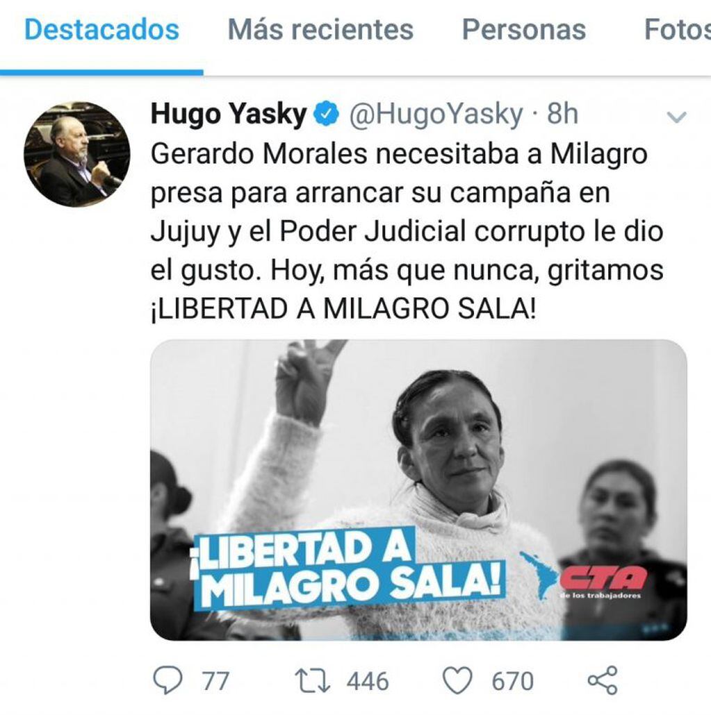 Declaraciones de Hugo Yasky en Twitter