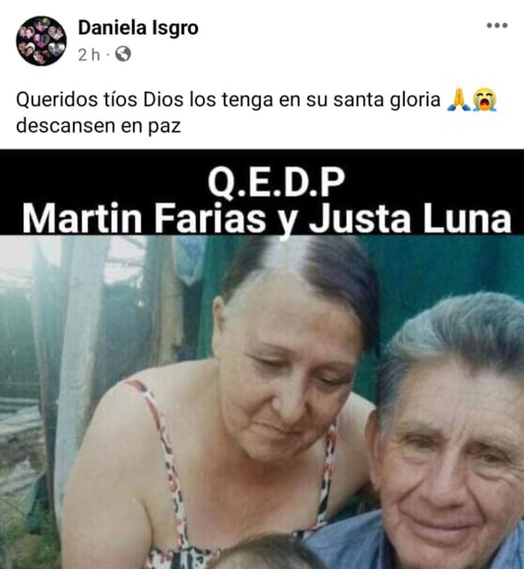 Dolor en las redes por el doble crimen de Justa Luna (66) y Martín Farías (76) (Facebook)