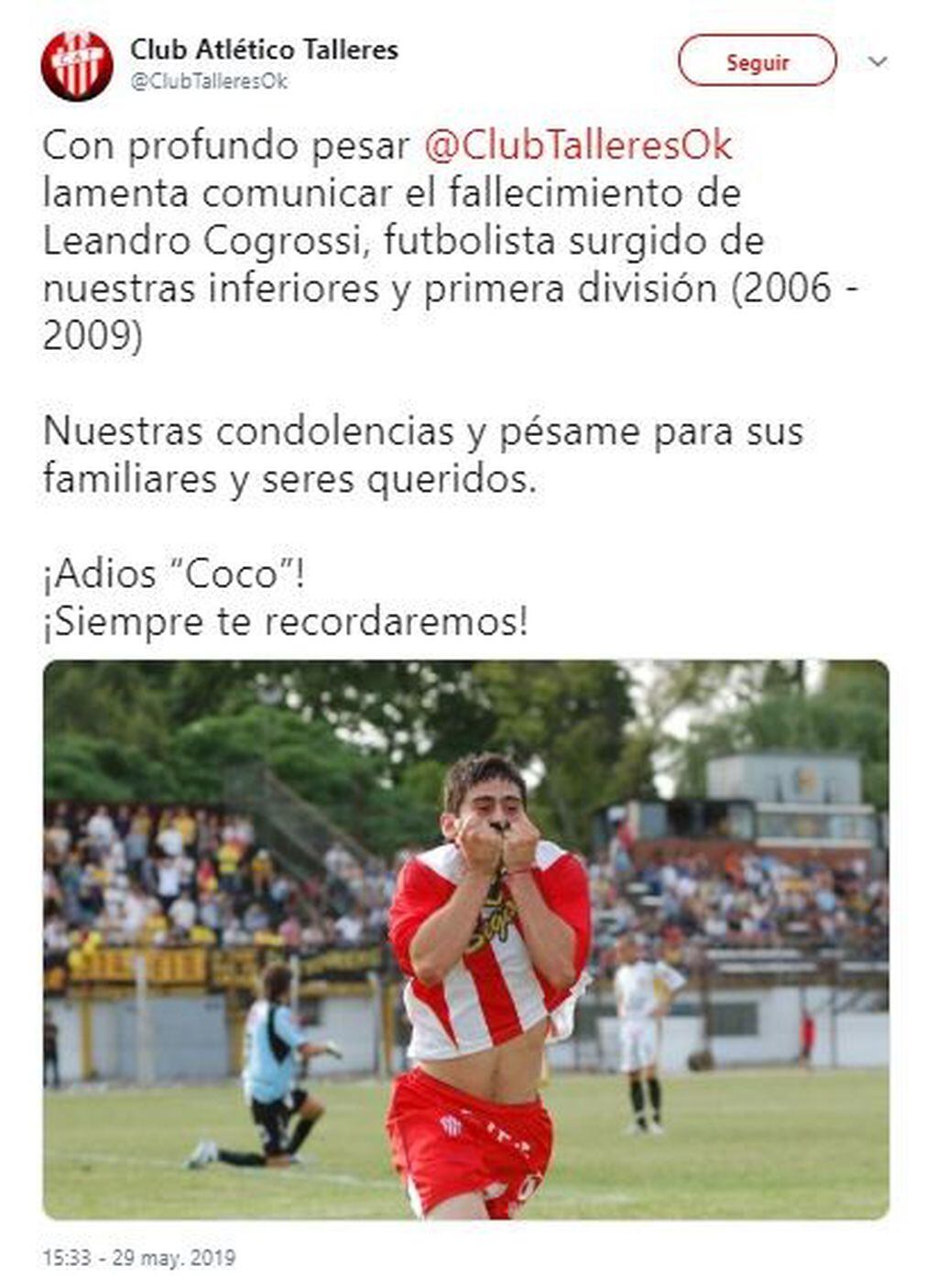 El mensaje de Talleres RE por el fallecimiento de Leandro Cogrossi (Foto: Twitter)