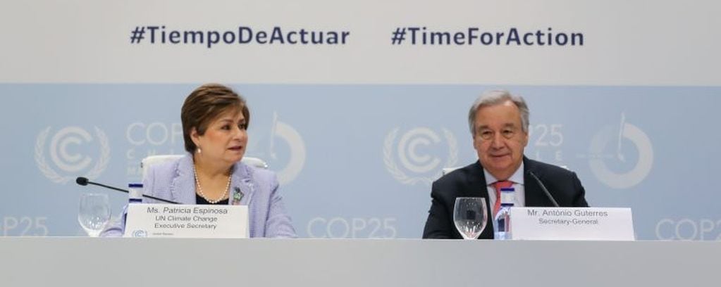 La secretaria ejecutiva de la ONU para el Cambio Climático, Patricia Espinosa, y el secretario general de la ONU, Antonio Guterres, intervienen en una rueda de prensa en Ifema de cara a la Cumbre del Clim (Foto: Jesús Hellín - Europa Press)