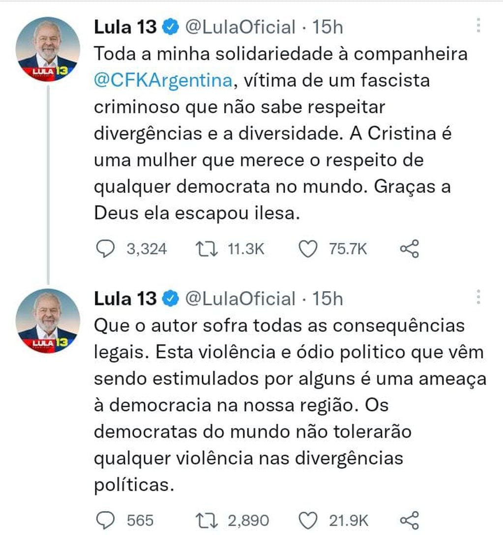 El ex mandatario brasilero se solidarizó con Cristina