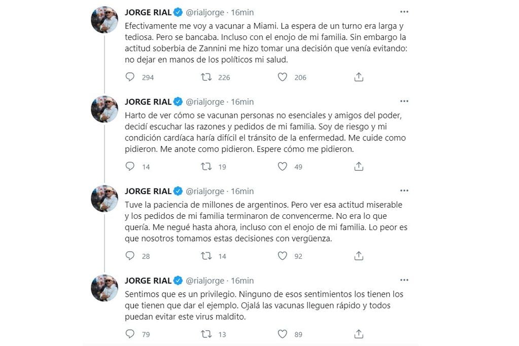 El hilo de tuits de Jorge Rial al comunicar su decisión.