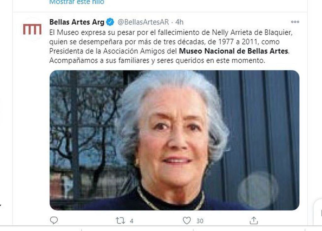 Comunicado del Museo Nacional de Bellas Artes por el fallecimiento de Nelly Arrieta de Blaquier (Twitter)