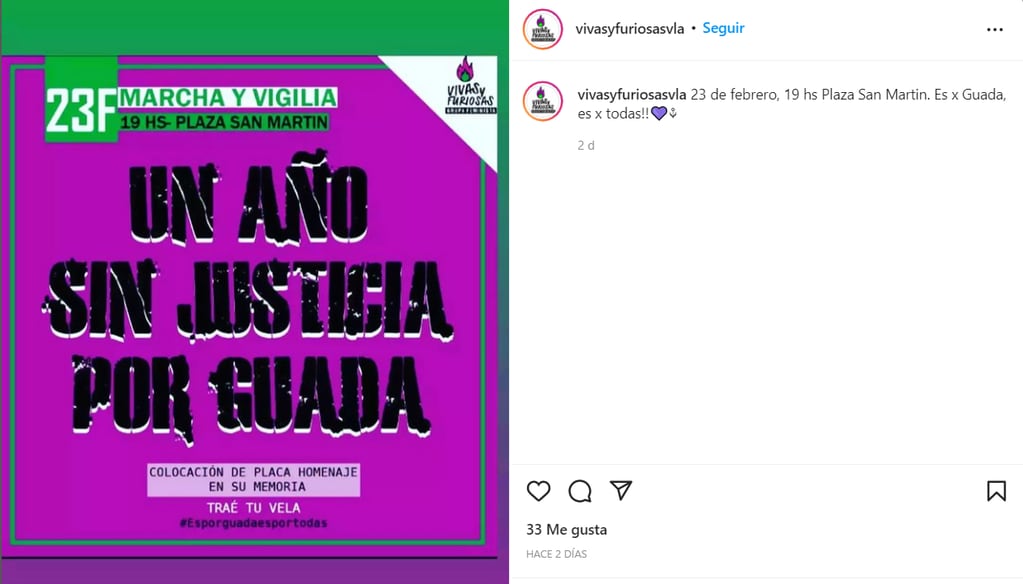Vivas y Furiosas convoca una marcha por Guadalupe Curual en sus redes a un año de su asesinato.
