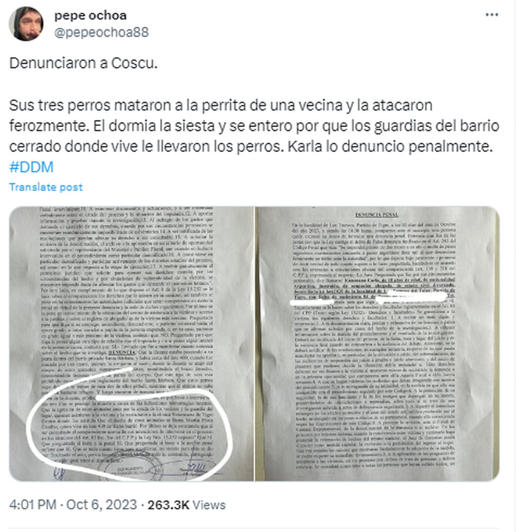 El periodista Pepe Ochoa publicó la denuncia contra Coscu.