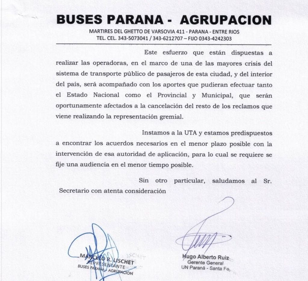 Comunicado de Buses Paraná (AHORA).