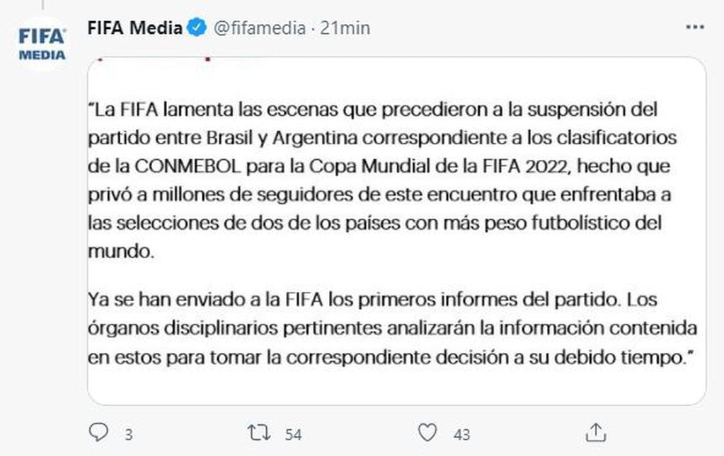 Comunicado de la FIFA sobre la suspensión del partido entre Brasil y Argentina por Eliminatorias rumbo al Mundial Qatar 2022.
