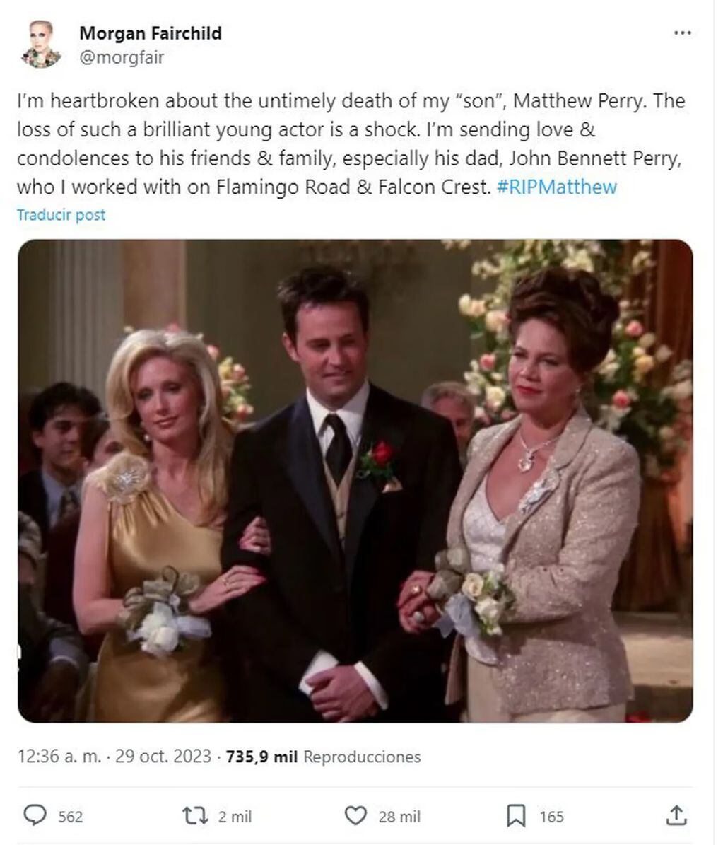 Morgan Fairchild reaccionó a la muerte de Matthew Perry con un emotivo mensaje