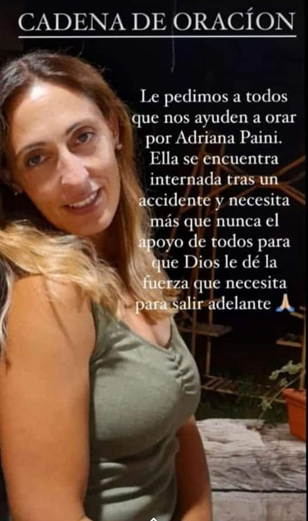 Obispo Trejo pide cadena de oración para Adriana Paini, quien está internada en Córdoba.