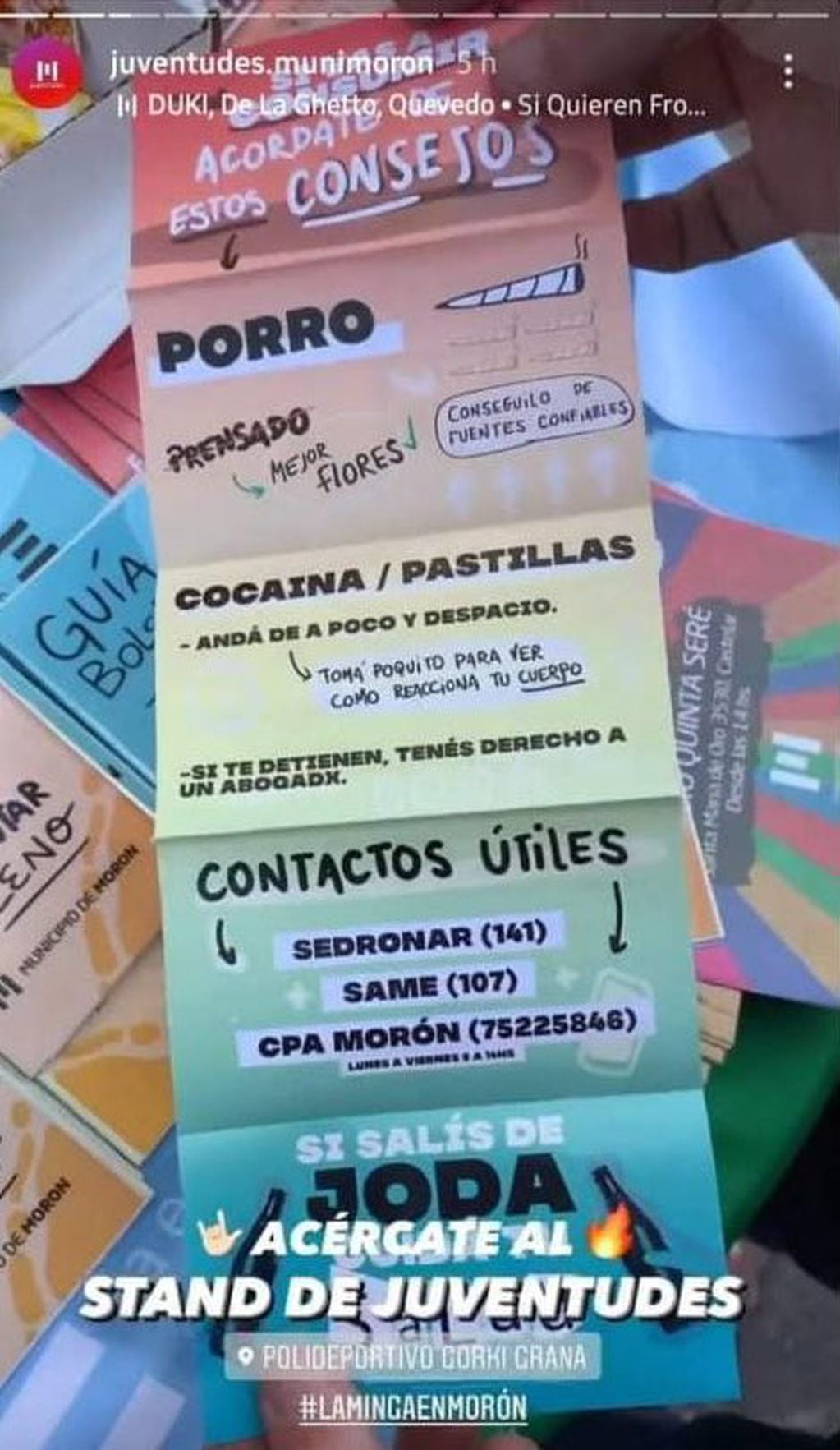 “Tomá poquita cocaína”: la insólita recomendación del Municipio de Morón a los jóvenes en un folleto. Foto: Twitter @diegosantilli