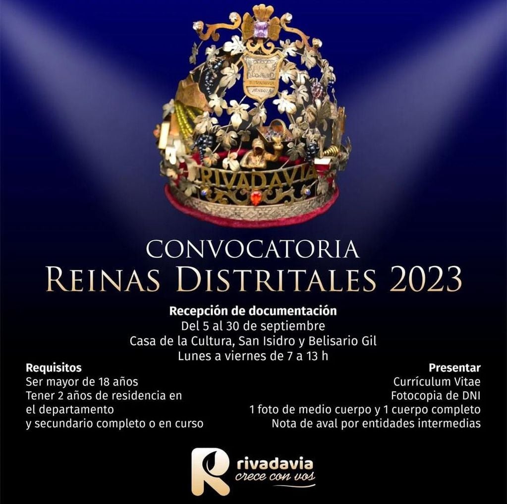 Rivadavia abrió la convocatoria a reinas distritales para participar de la Vendimia 2023.