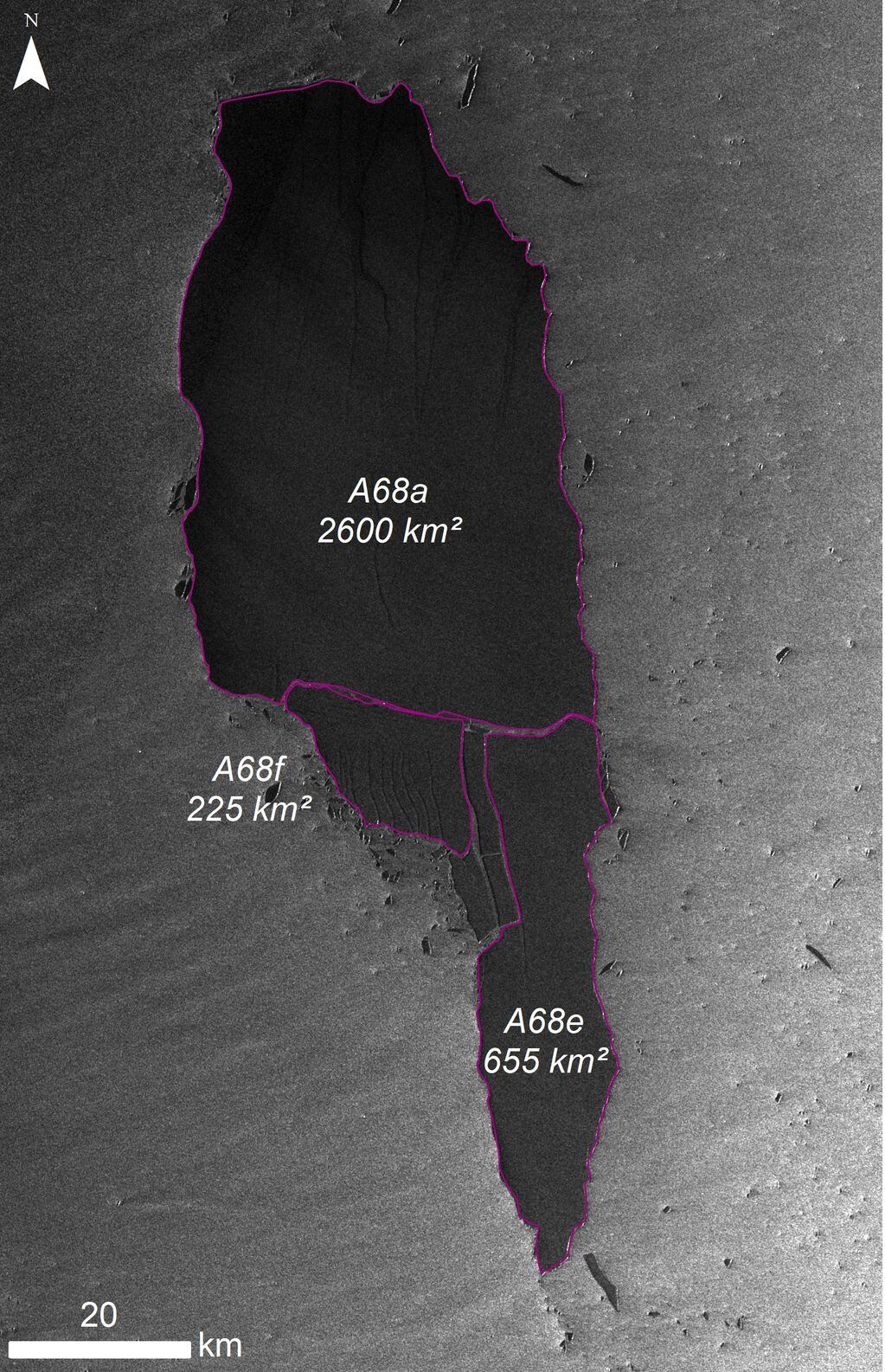 La imagen muestra como el iceberg se está dividiendo en fragmentos.