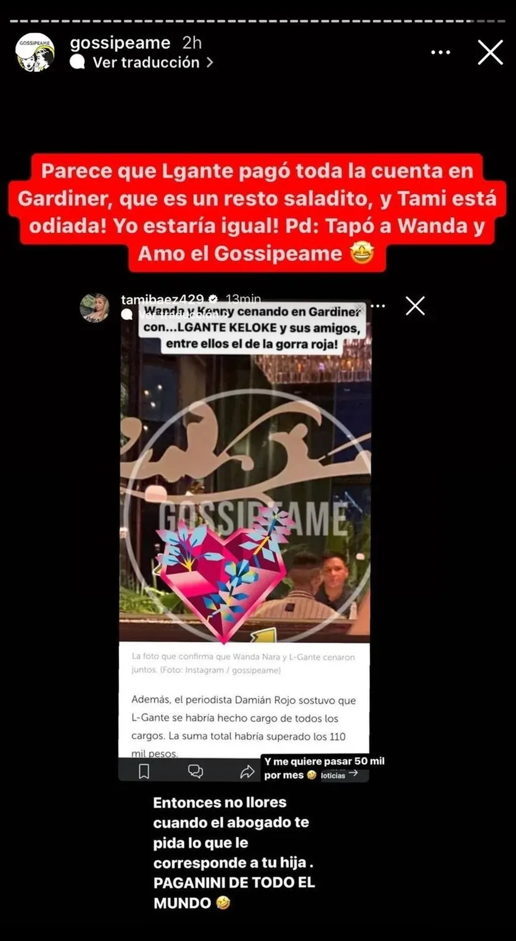 El posteo que hizo Tamara Báez al enterarse de la cena de Wanda y L-Gante.