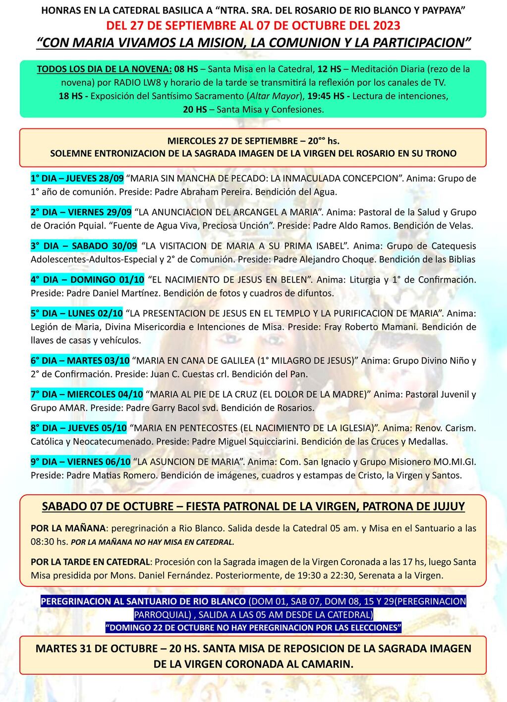 El programa de actividades presentado por la Iglesia de Jujuy para celebrar el mes de la santa patrona Nuestra Señora del Rosario de Río Blanco y Paypaya.