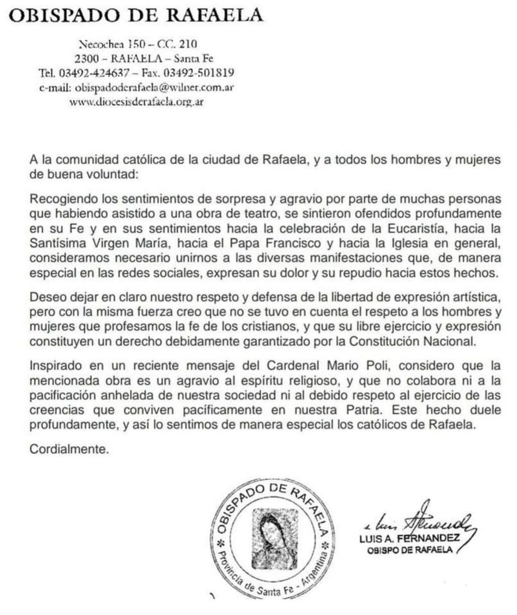 Carta del obispo de Rafaela por la obra "Dios". (Facebook)