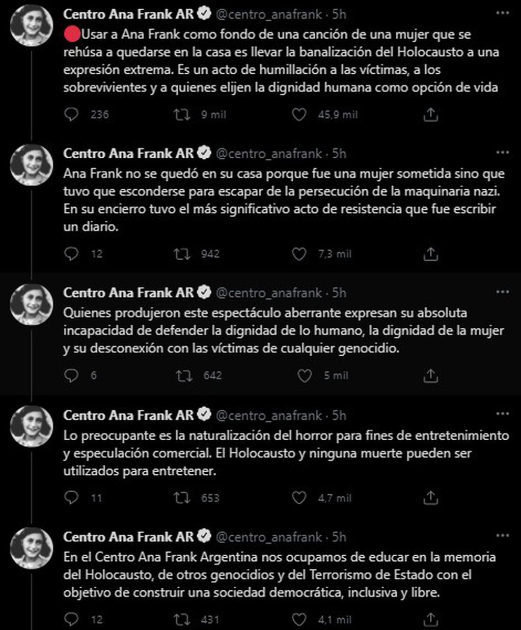 El hilo de mensajes del Centro Ana Frank de Argentina.