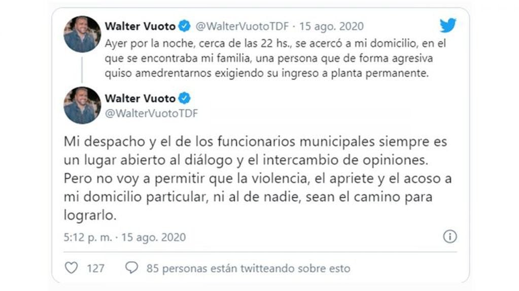 Mensaje a través de Twitter realizado por el Intendente Walter Vuoto.