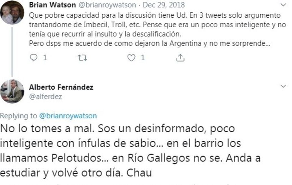 Las respuestas  agresivas de Alberto Fernández (Twitter).