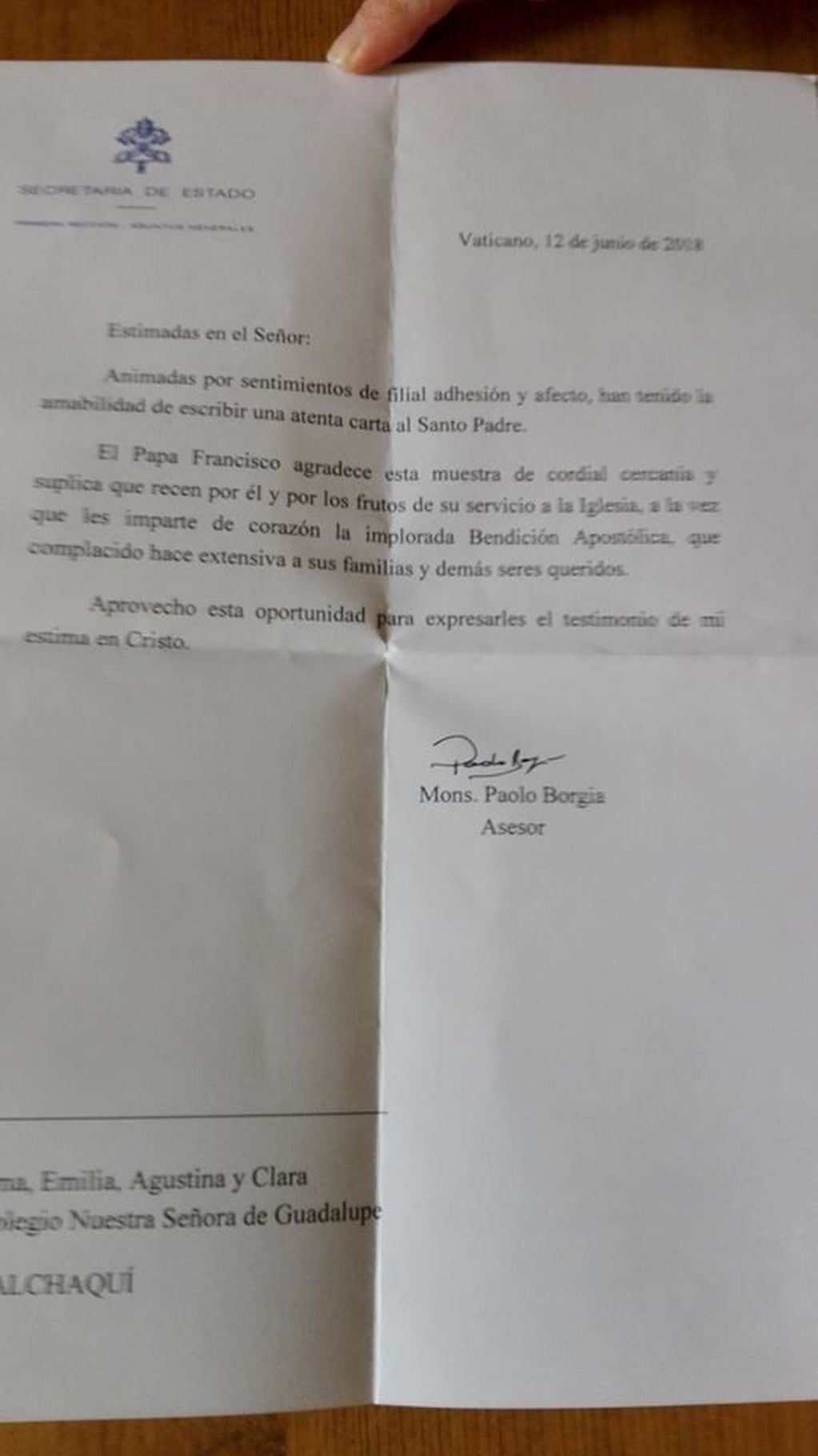 El Papa le mandó una carta a los alumnos del Colegio Nuestra Señora de Guadalupe