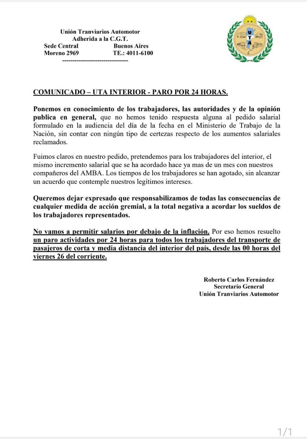 Comunicado de prensa de la UTA.