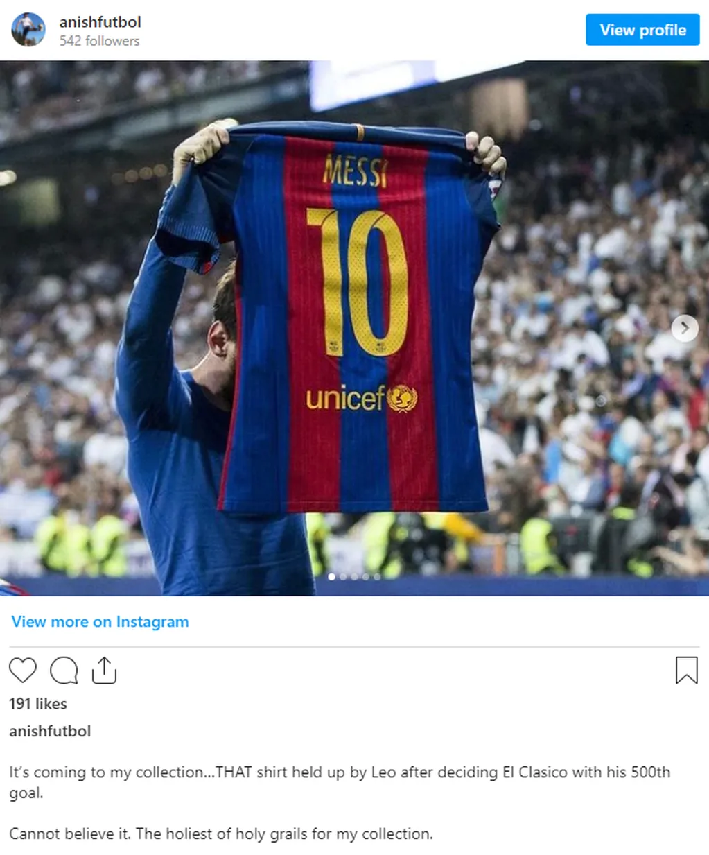 El posteo del hombre que se quedó con la camiseta de Lionel Messi.