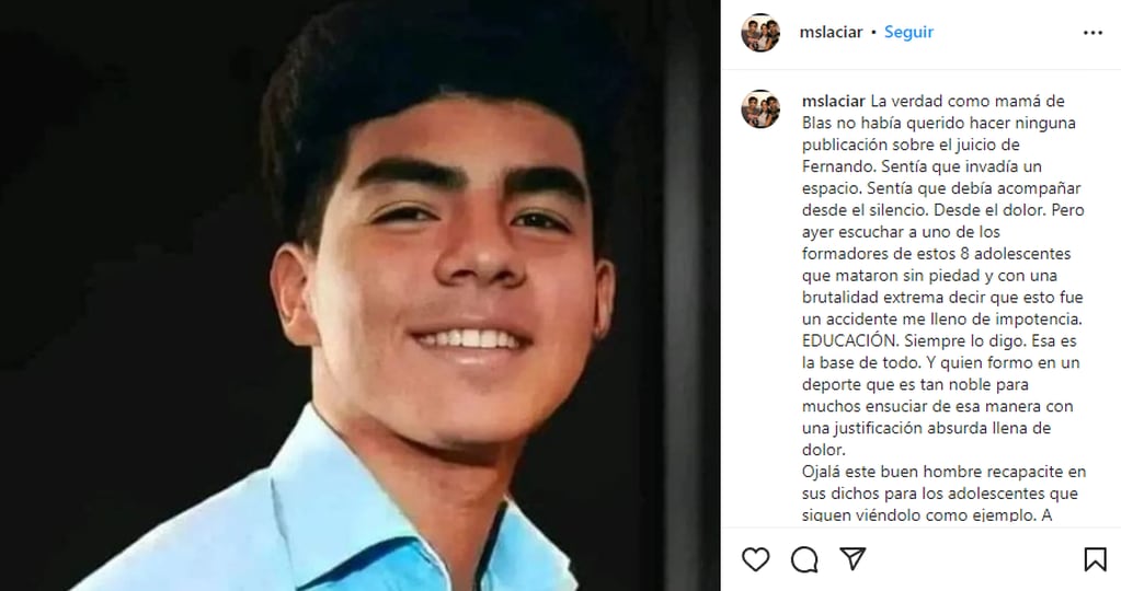 El posteo de la mamá de Blas Correas sobre el caso Fernando Báez Sosa.