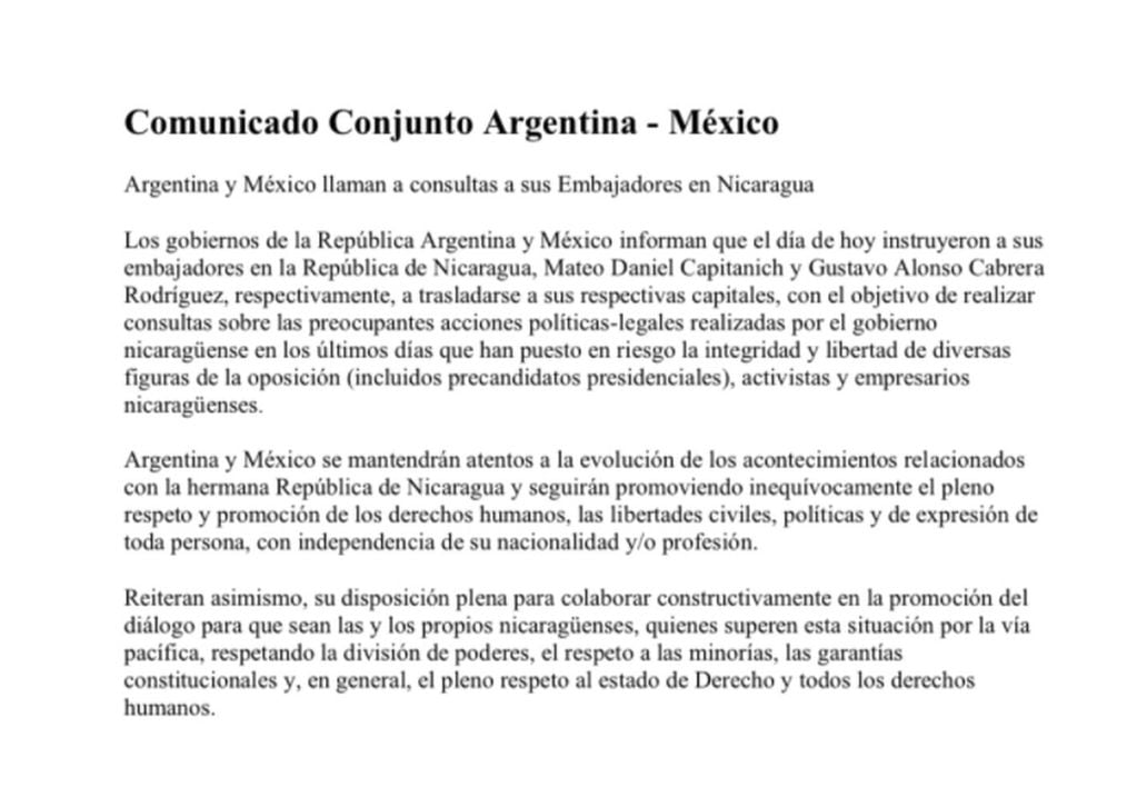 Comunicado de Cancillería para Nicaragua