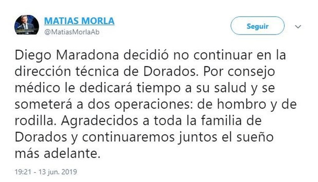 El tuit con el que Matías Morla anunció el regreso de Diego Armando Maradona a la Argentina