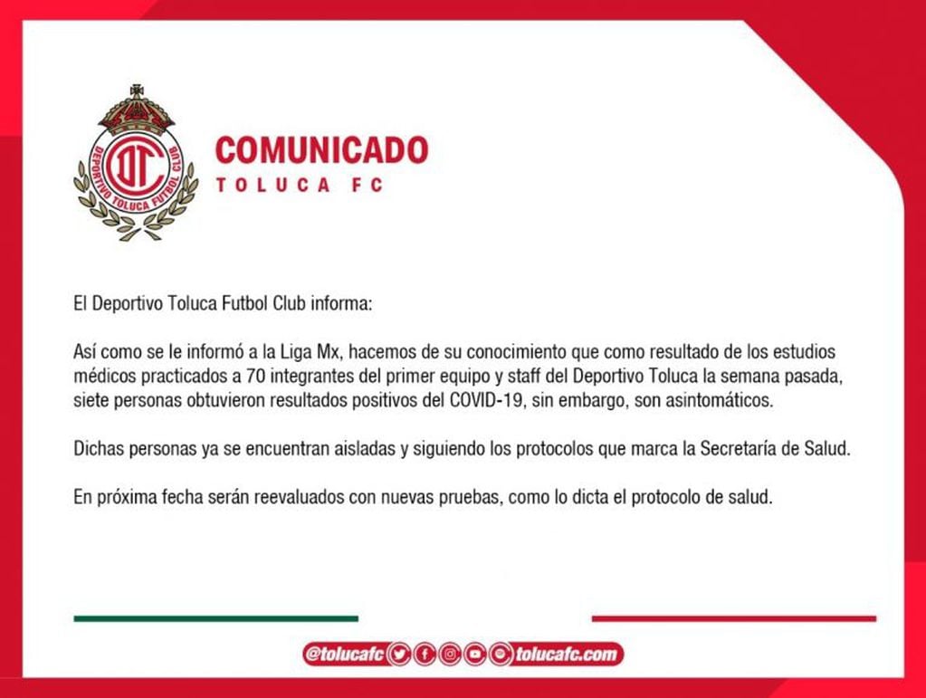 El comunicado oficial de Toluca (Foto: tolucafc.com)