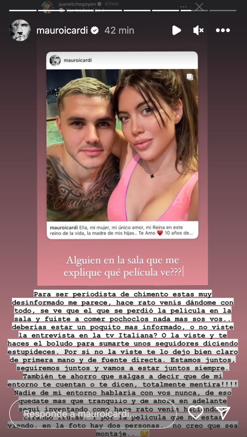 El fuerte descargo de Mauro Icardi contra Juan Etchegoyen en Instagram.