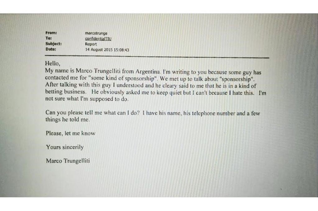 El mail en el que Trungelliti reveló que le habían ofrecido arreglar partidos por dinero.