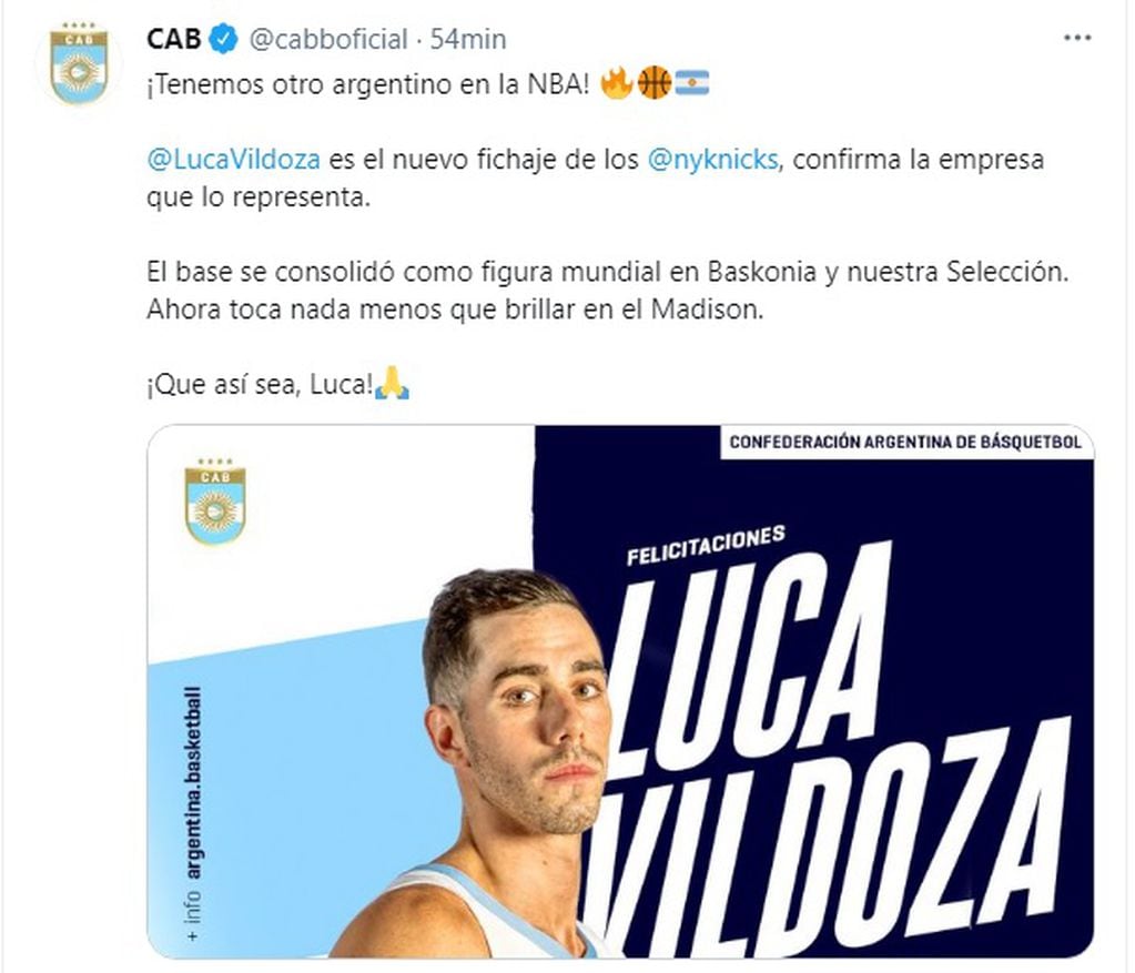 La Confederación Argentina de Básquet celebró la llegada de Vildoza a la NBA. (Twitter: @cabboficial)