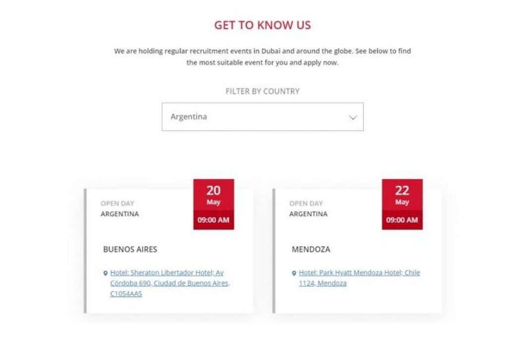 Así se ve el aviso de Emirates en su portal web