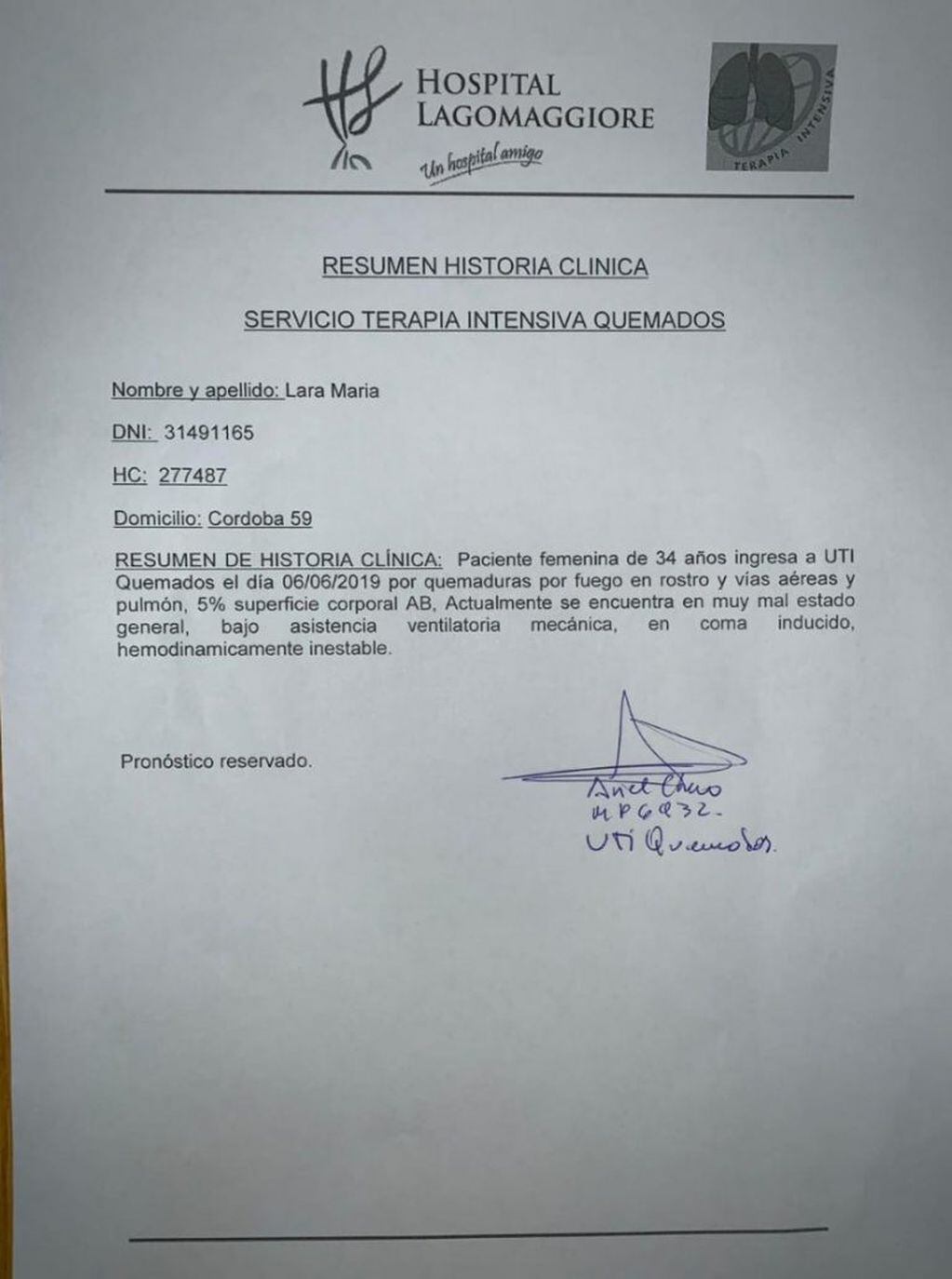 El informe del estado de salud de Maria Lara.