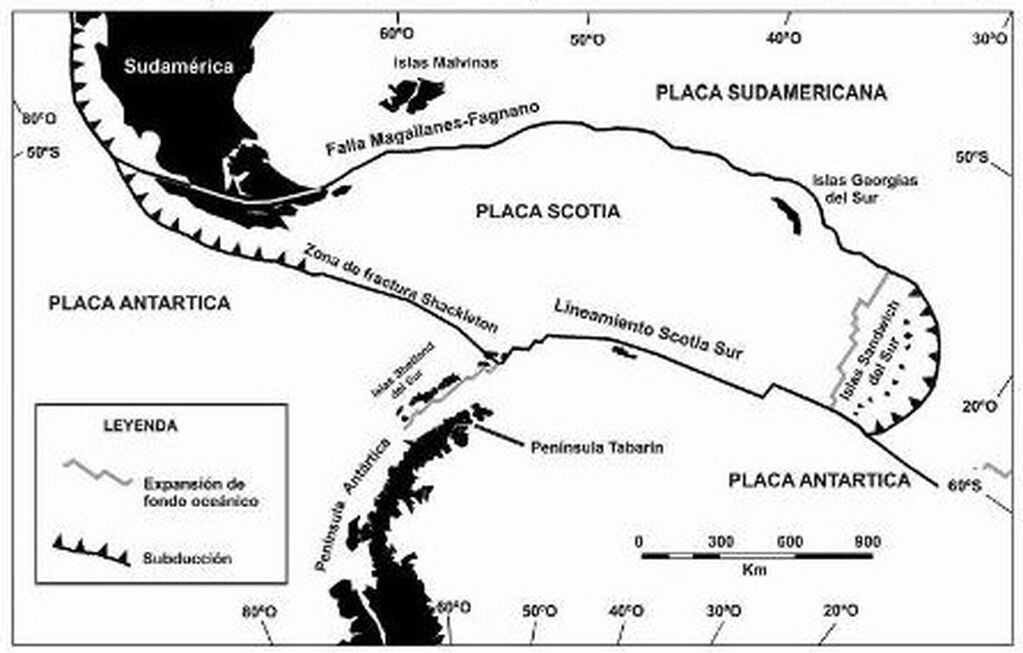 Imagen de la disposición de las placas tectónicas y la ubicación de la Falla Magallanes-Fagnano.