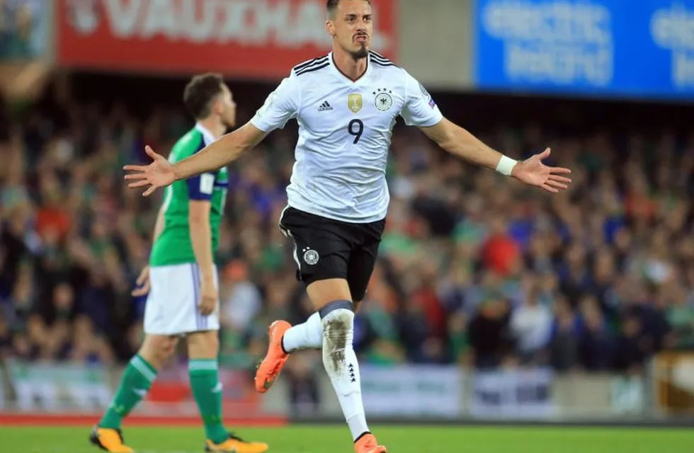 Sandro Wagner de Alemania celebra el gol ante Irlanda.