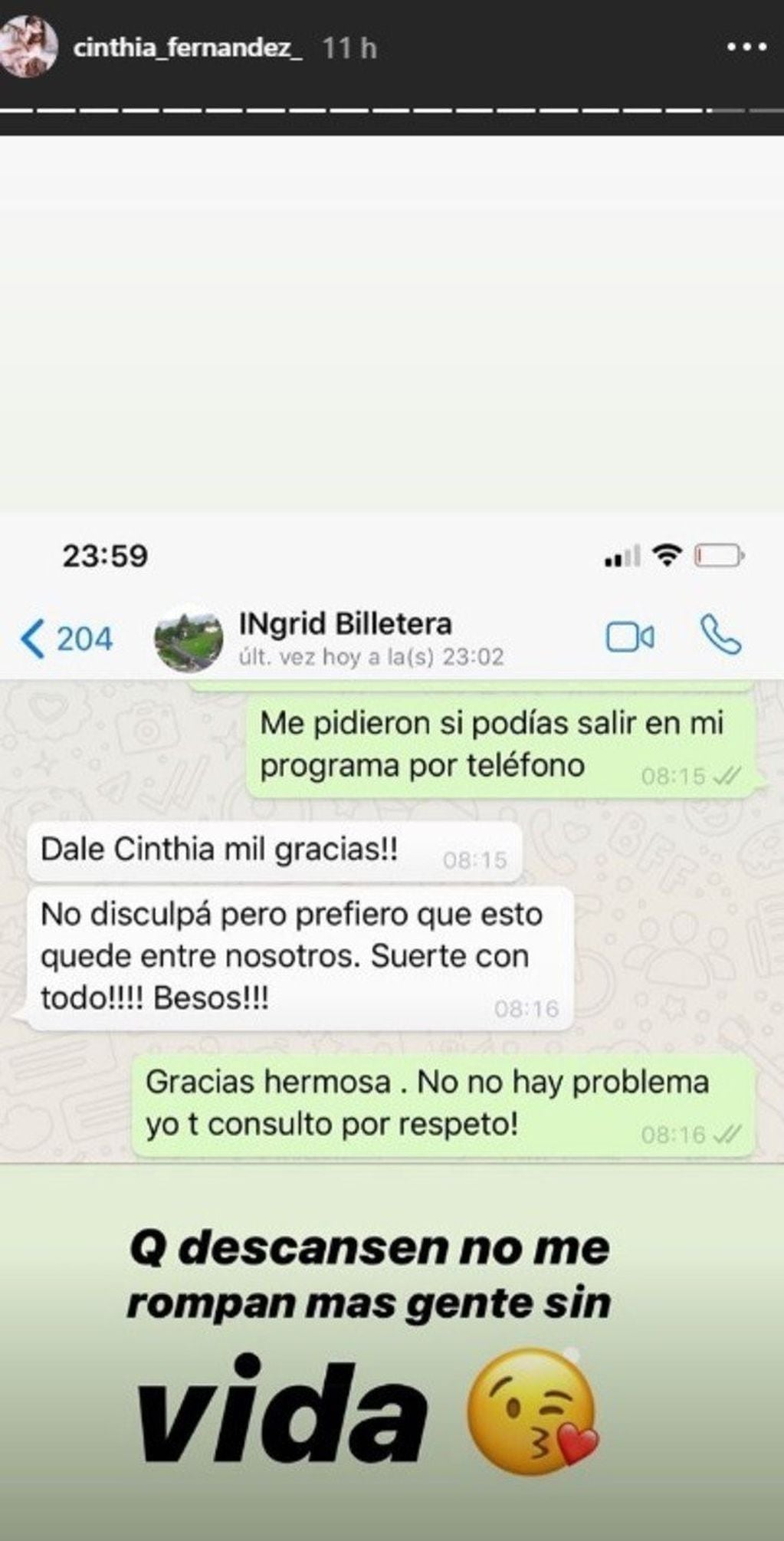 Fernández también publicó el chat. (Instagram/@cinthia_fernandez_)