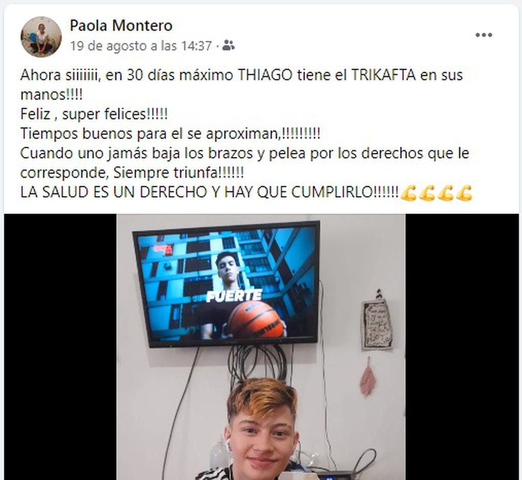 Publicación en Facebook de la mamá de Thiago