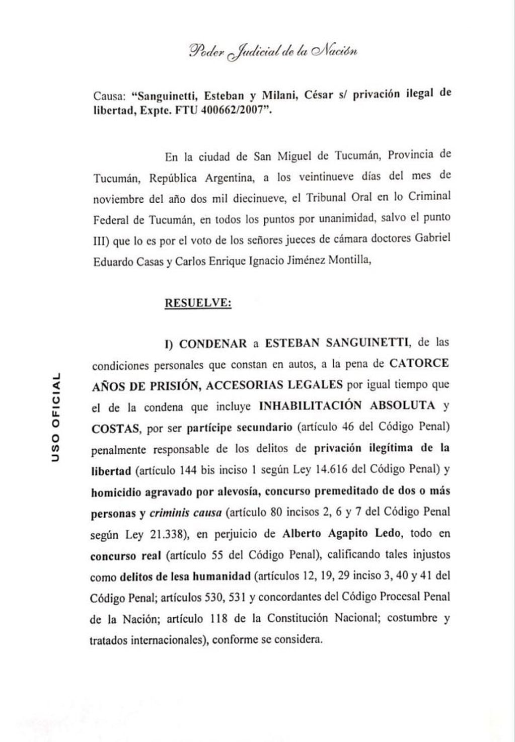 Fallo del Juicio contra César Milani y Sanguinetti.