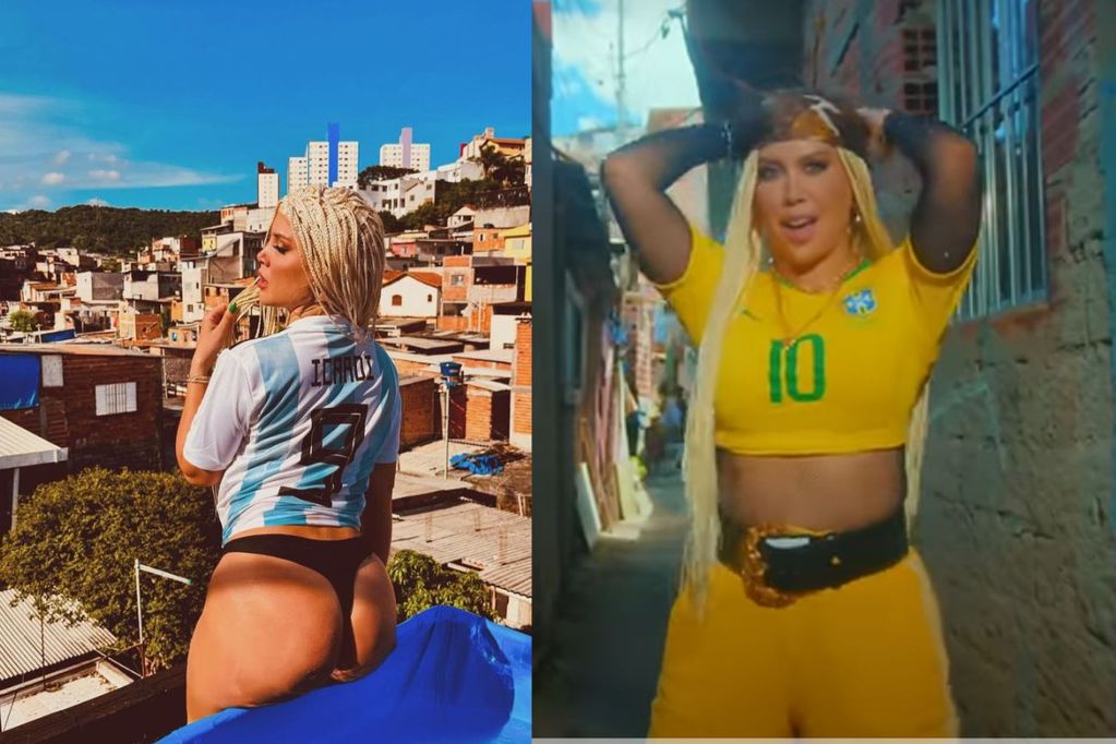 Wanda Nara luciendo la camiseta 9 de Argentina y la 10 de Brasil (Captura de video).