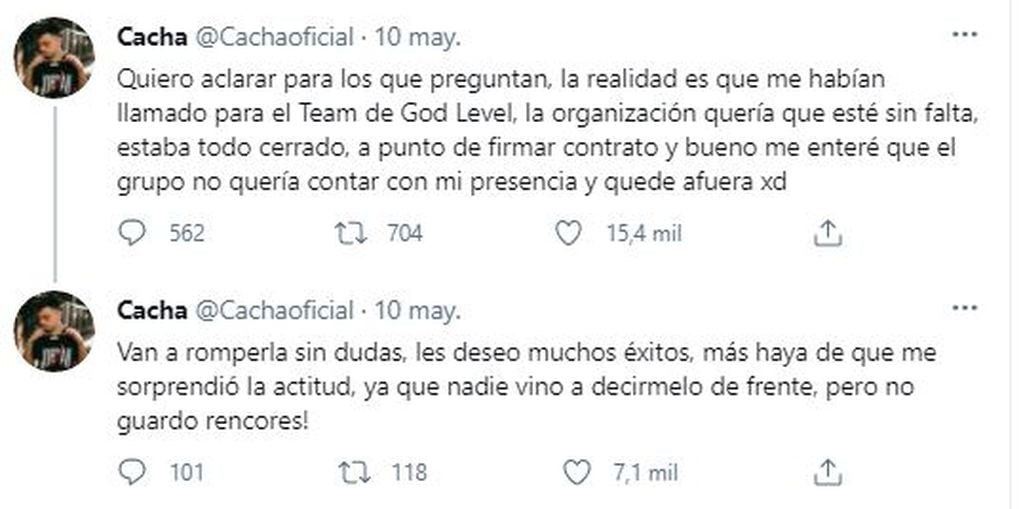 El mensaje de Cacha por su ausencia en la God Level Grand Slam 2021. (Twitter)