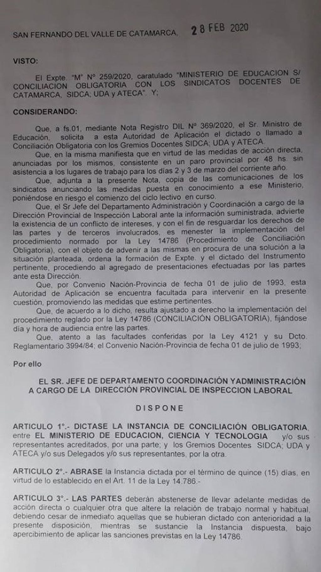 Conciliación Obligatoria, Disposición N°073/2020