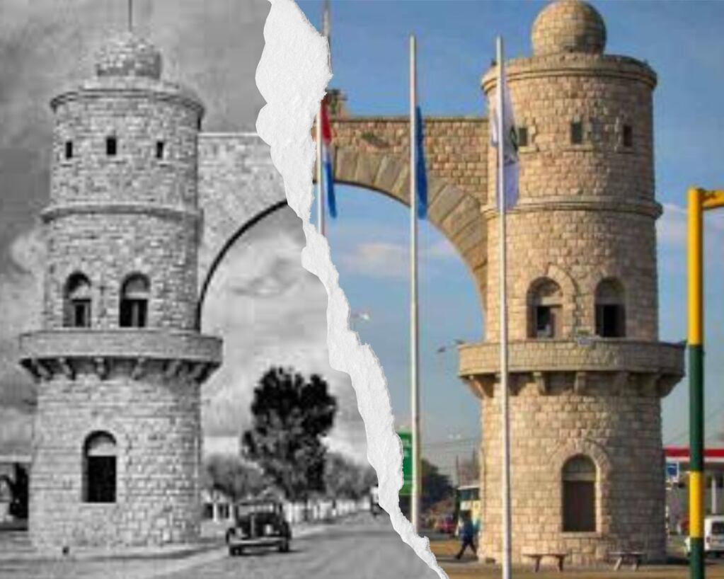 Un antes y después del Arco de Córdoba. (Foto antigua: Grupo Edisur / Foto actual: banco web)