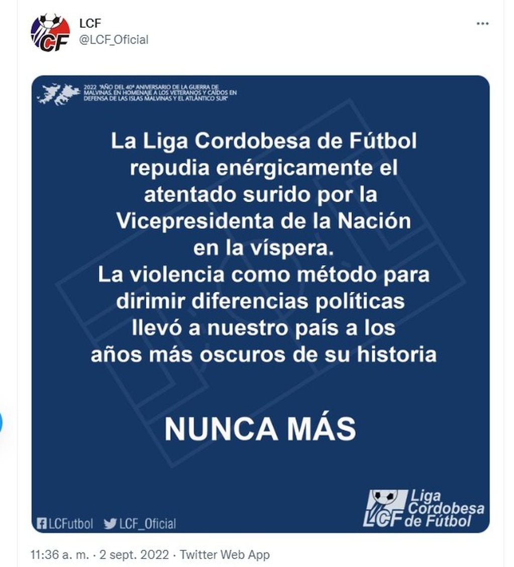 Tweet de La Liga Cordobesa de Fútbol (Captura de pantalla)