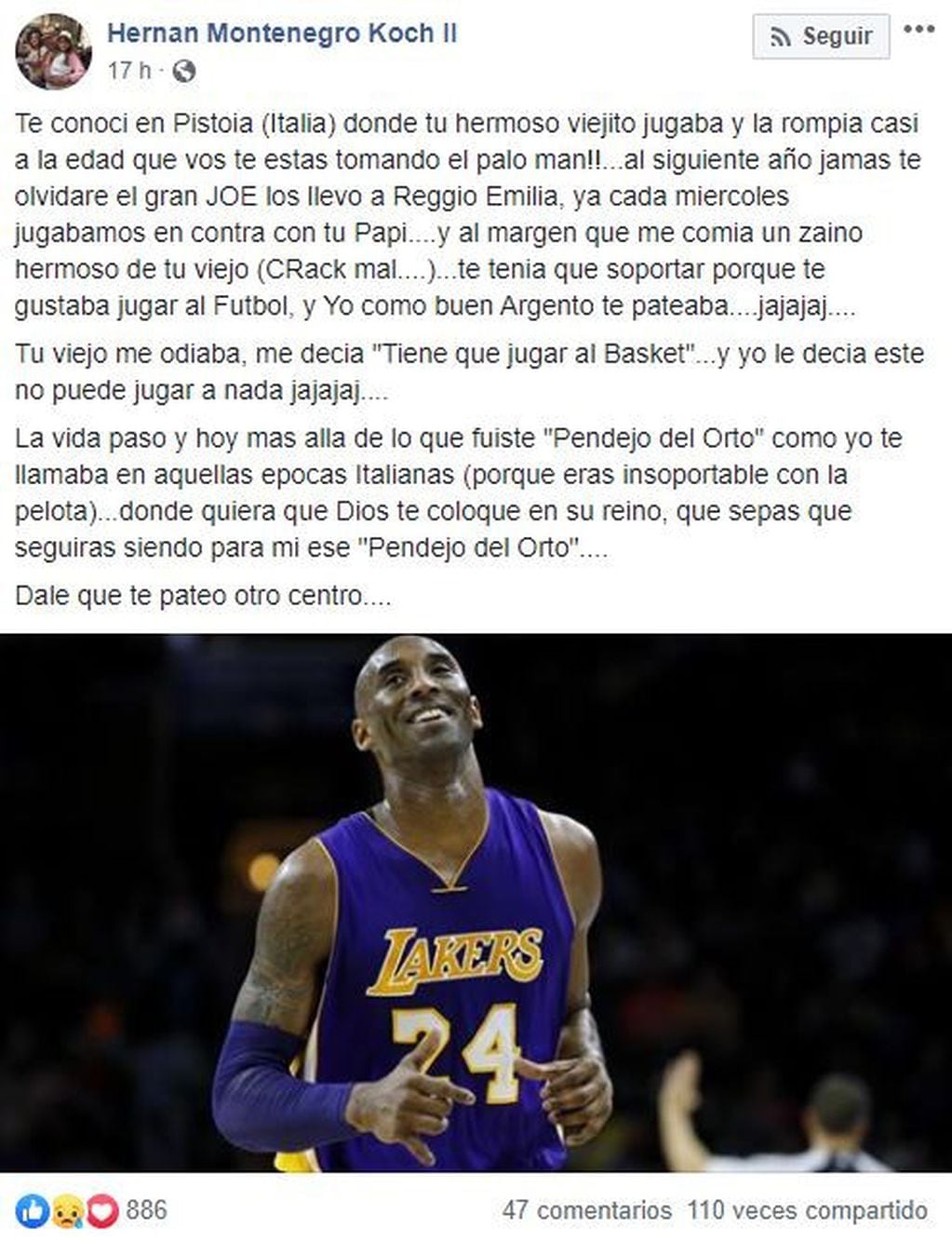 La publicación del 'Loco' Hernán Montenegro para recordar a Kobe Bryant (Foto: captura Facebook)