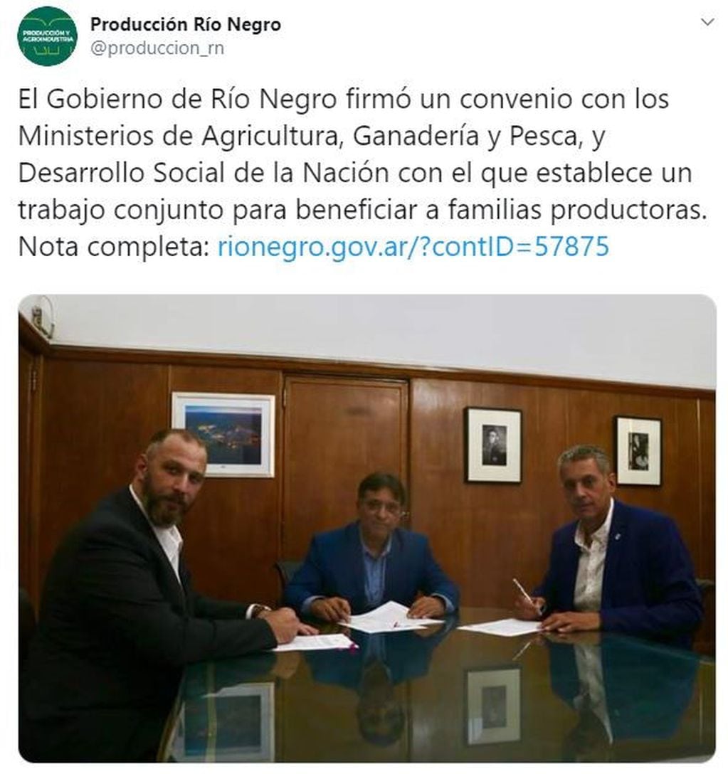 Desde el ministerio de Producción y Agroindustria de Río Negro festejaron el acuerdo (web).