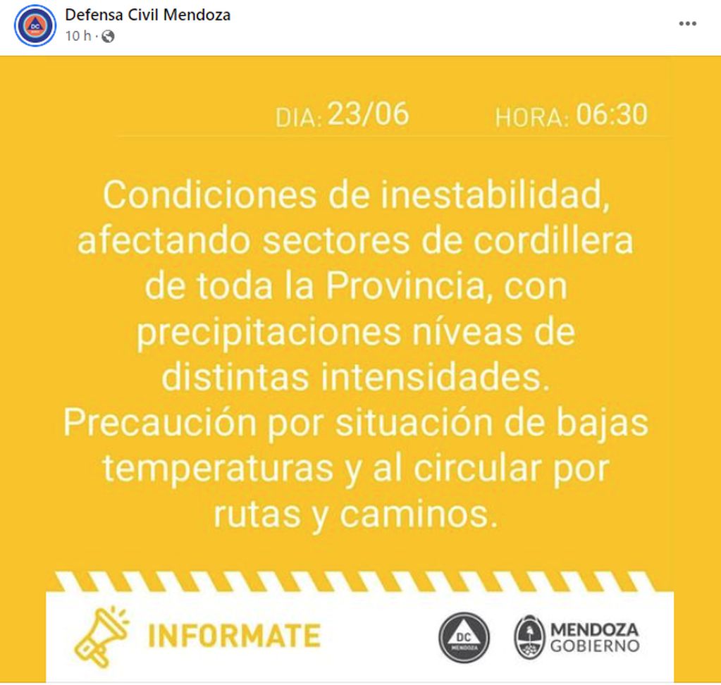 Comunicado de Defensa Civil, Mendoza.