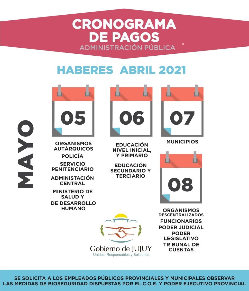 Infografía distribuida por el Ministerio de Hacienda de la Provincia referida al cronograma de pago de sueldos en Jujuy.
