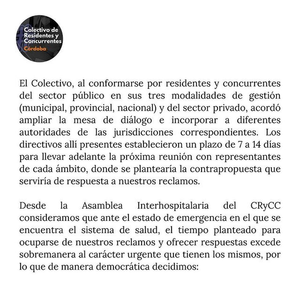 Parte del comunicado de Residentes de Córdoba.