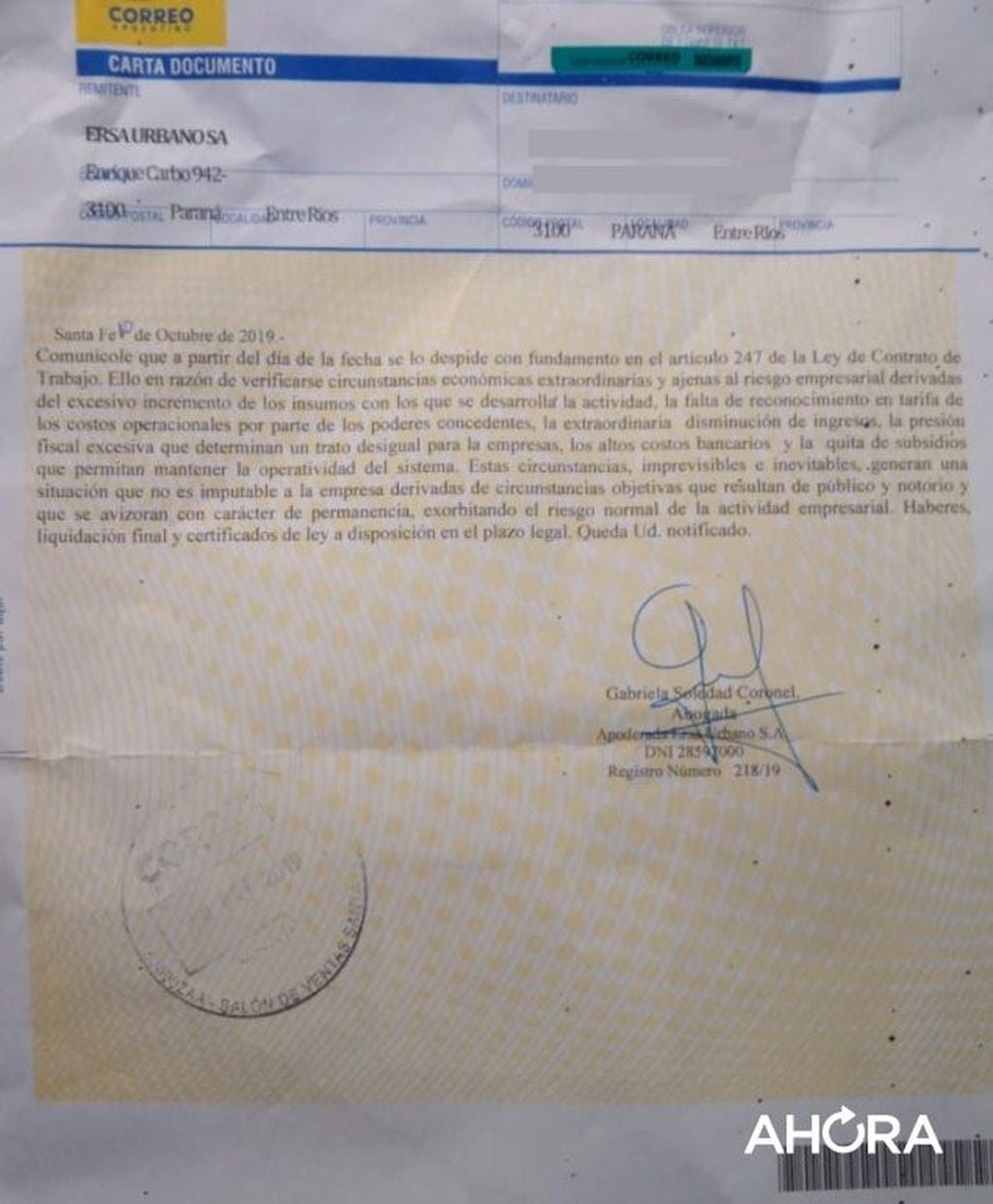 Carta Documento de despido. Gentileza: Ahora noticias de Paraná.